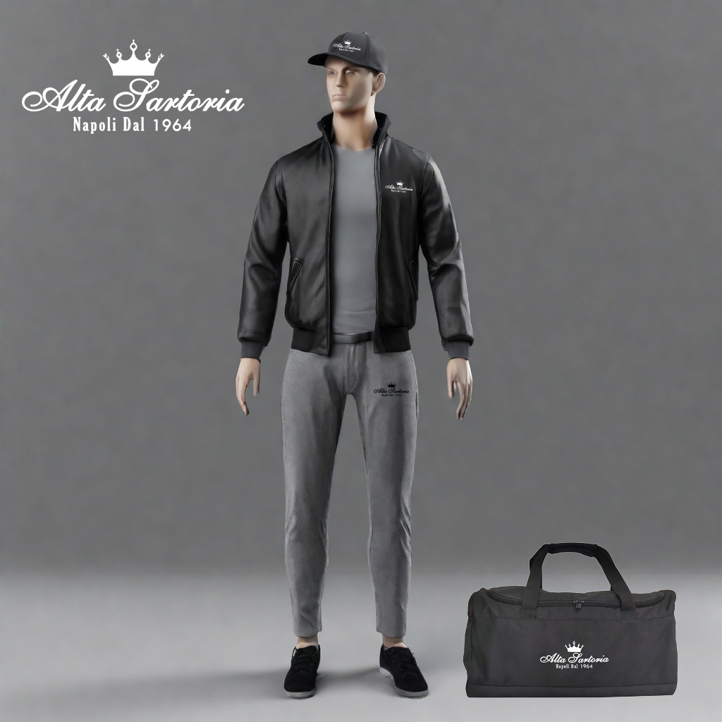 manikan_standing_outside_wearing_black_sports_jacket_and_pants_and_grey_shirt_under_jacket_and_grey_cap_from_the_front_view