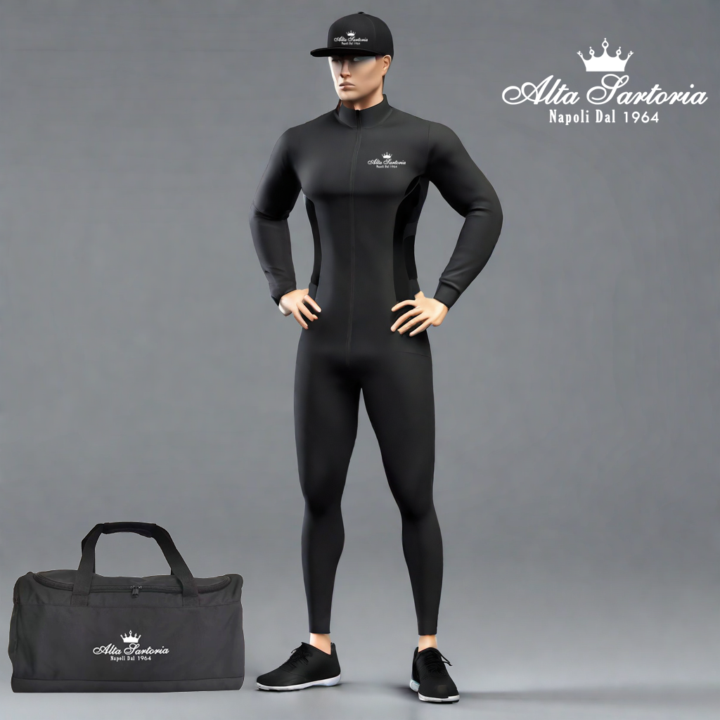 manikan_standing_outside_wearing_full_black_long_sleeves_sports_training_suit_and_grey_shirt_under_jaket_and_grey_cap