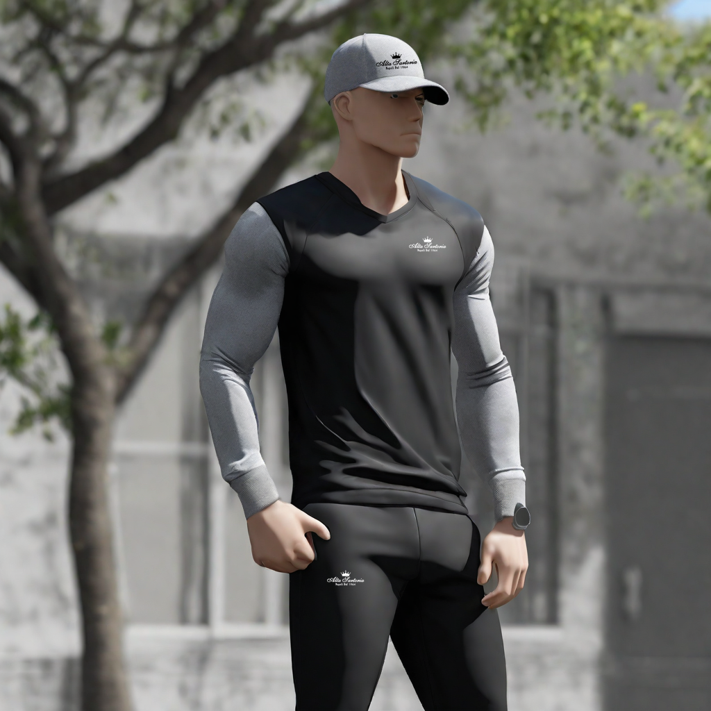 manikan_standing_outside_wearing_full_black_sports_training_and_grey_shirt_and_grey_cap